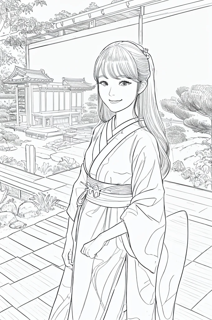 Please create a realistic ukiyo-e illustration of a cute, smiling woman in a kimono that conveys Japanese culture in various poses with (a Japanese garden in the background:1.5), using a simple black and white coloring book that even children can do. The illustration is a illustration with detailed facial features and cartoon-style visuals, (high contrast, sketch, monochrome, clean line drawings for coloring book:1.5)