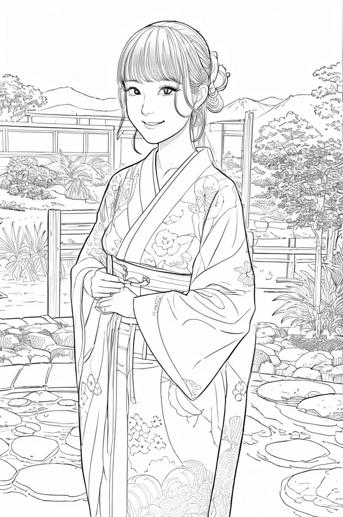Please create a realistic ukiyo-e illustration of a cute, smiling woman in a kimono that conveys Japanese culture in various poses with (a Japanese garden in the background:1.5), using a simple black and white coloring book that even children can do. The illustration is a illustration with detailed facial features and cartoon-style visuals, (high contrast, sketch, monochrome, clean line drawings for coloring book:1.5)