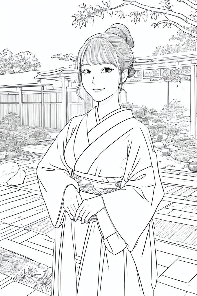 Please create a realistic ukiyo-e illustration of a cute, smiling woman in a kimono that conveys Japanese culture in various poses with (a Japanese garden in the background:1.5), using a simple black and white coloring book that even children can do. The illustration is a illustration with detailed facial features and cartoon-style visuals, (high contrast, sketch, monochrome, clean line drawings for coloring book:1.5)