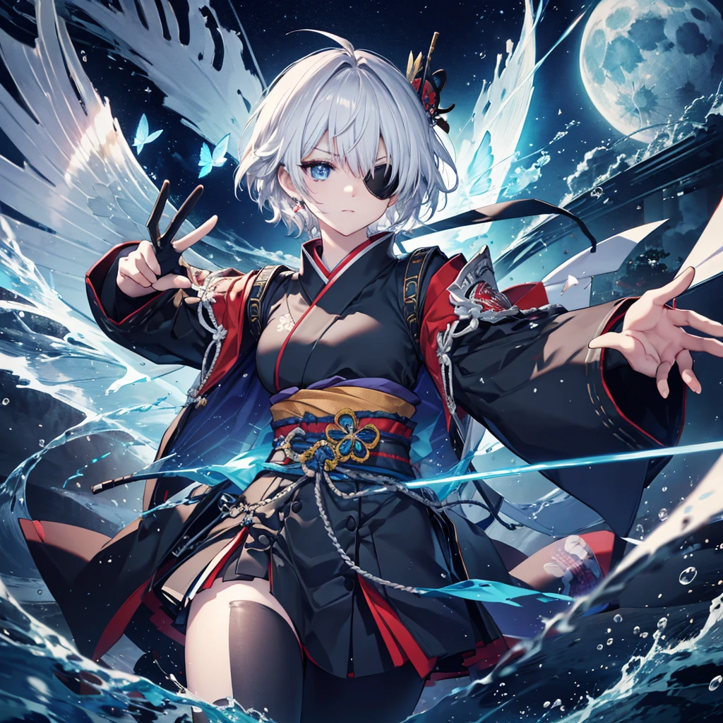 (((1 person Put on an eye patch Gray Hair Qinglong))) ((High resolution short hair Black kimono Shoulder Rin々Funny face knifeを胸の前で構える)) ((Black Band samurai Lonely despair blue eyes Close-up)) ((Blue Butterfly night Japanese style old Shining Aura garden water surface Catch the wind Distorted Space)) (dance 日本knife knife Slashing) 月night moonlight star Draw your sword Shining Background Shining Edge