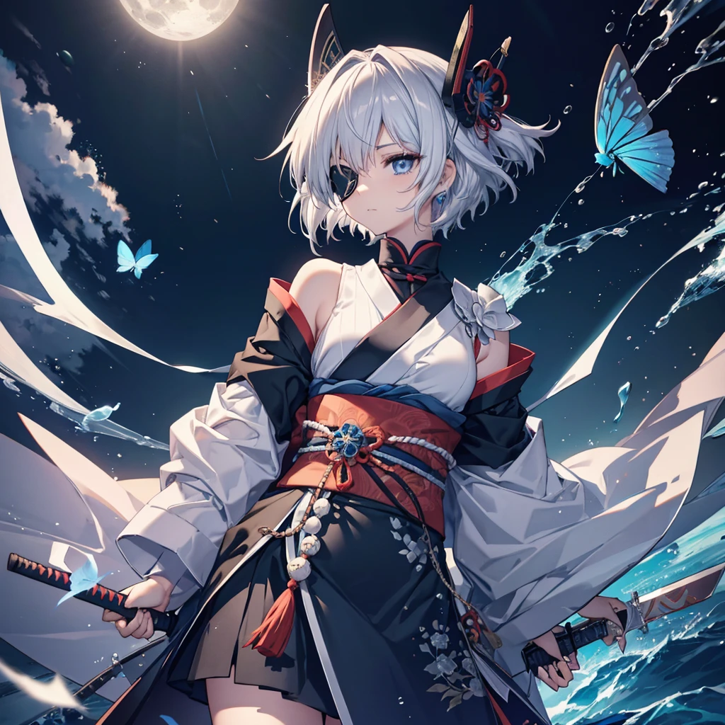 (((1 person Put on an eye patch Gray Hair Qinglong))) ((High resolution short hair Black kimono Shoulder Rin々Funny face knifeを胸の前で構える)) ((Black Band samurai Lonely despair blue eyes Close-up)) ((Blue Butterfly night Japanese style old Shining Aura garden water surface Catch the wind Distorted Space)) (dance 日本knife knife Slashing) 月night moonlight star Draw your sword Shining Background Shining Edge