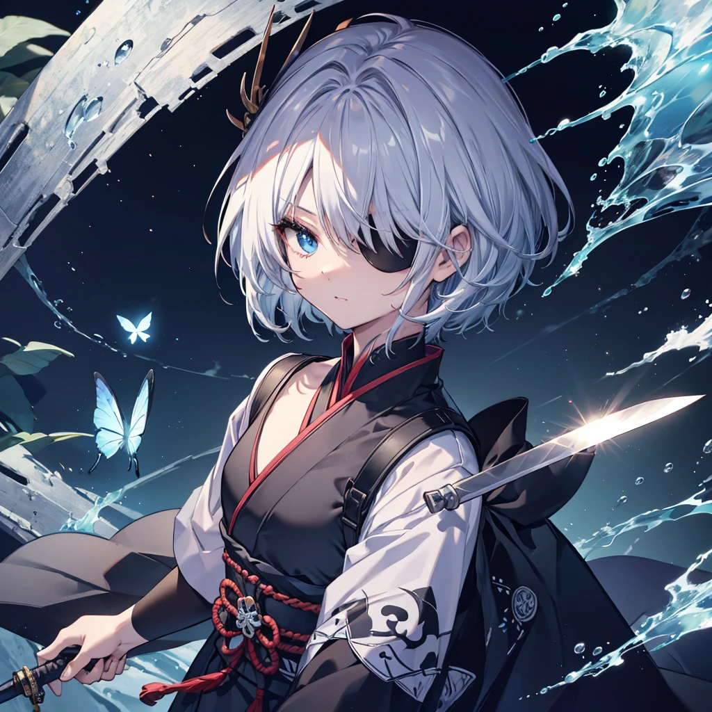 (((1 person Put on an eye patch Gray Hair Qinglong))) ((High resolution short hair Black kimono Shoulder Rin々Funny face knifeを胸の前で構える)) ((Black Band samurai Lonely despair blue eyes Close-up)) ((Blue Butterfly night Japanese style old Shining Aura garden water surface Catch the wind Distorted Space)) (dance 日本knife knife Slashing) 月night moonlight star Draw your sword Shining Background Shining Edge