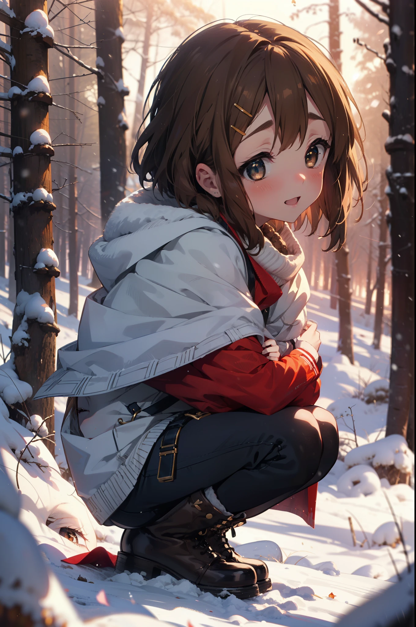 yuihirasawa, Yui Hirasawa, short hair, Brown Hair, hair ornaments, (Brown eyes:1.5), Hair Clip、smile,smile,blush,White Breath,
Open your mouth,snow,Ground bonfire,, Outdoor, boots, snowing, From the side, wood, suitcase, Cape, Blurred, , forest, White handbag, nature, Squat, Mouth closed, Cape, winter, Written boundary depth, Black shoes, red Cape break looking at viewer, Upper Body, whole body, break Outdoor, forest, nature, break (masterpiece:1.2), Highest quality, High resolution, unity 8k wallpaper, (shape:0.8), (Beautiful and beautiful eyes:1.6), Highly detailed face, Perfect lighting, Highly detailed CG, (Perfect hands, Perfect Anatomy),