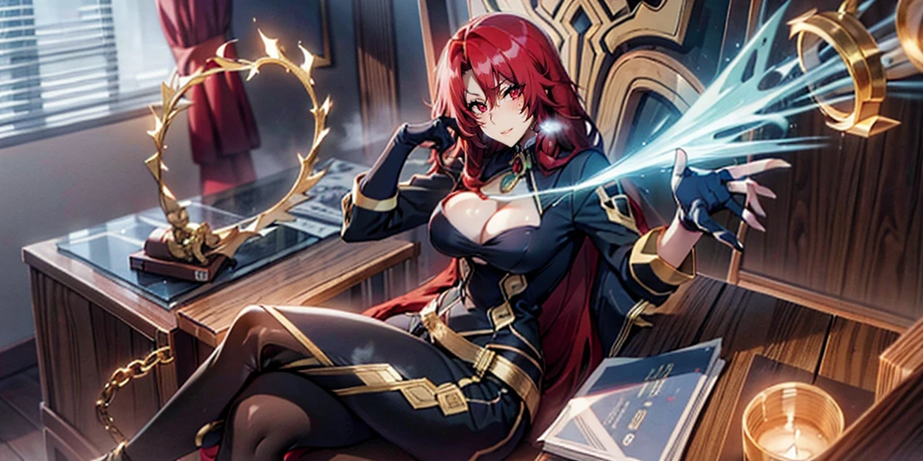 (long hair, red hair:1.3), braid, red eyes, anatomically correct, heavy breathing, mature female, breasts, 1girl, gloves, large_breasts, solo, cleavage, looking_at_viewer, crossed_legs, sitting, chain, black_gloves, cup, drinking_glass, jewelry, indoors, wine_glass water drop, reflective, (fog:1.3), fireflies, hollow eyes, bright pupils, red eyes, looking at viewer. glowing eyes heavy breathing, seductive smile, (steaming face:1.3), blush face, lips,