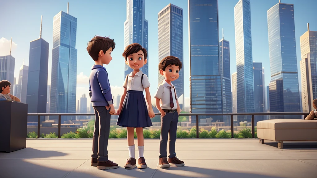a young boy and girl in a modern city, 1boy, 1girl, standing together, happy, smiling, looking at camera, cityscape, skyscrapers, modern architecture, glass buildings, sunlight, warm lighting, realistic, photorealistic, photo-realistic:1.37, 8k, highly detailed, masterpiece:1.2, cinematic, dramatic, atmospheric