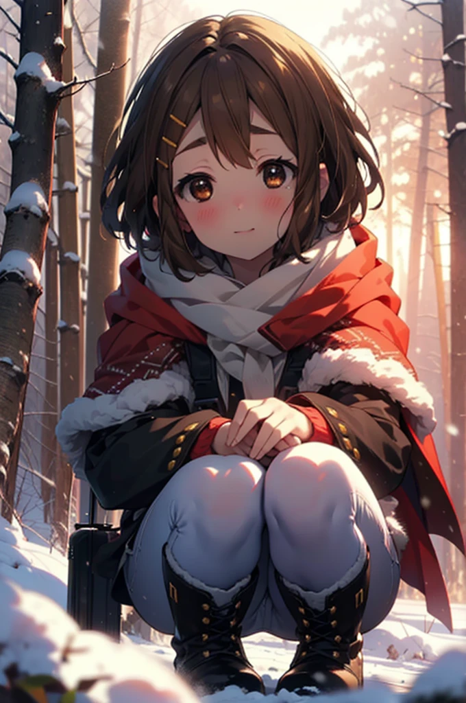 yuihirasawa, Yui Hirasawa, short hair, Brown Hair, hair ornaments, (Brown eyes:1.5), Hair Clip、smile,smile,blush,White Breath,
Open your mouth,snow,Ground bonfire,, Outdoor, boots, snowing, From the side, wood, suitcase, Cape, Blurred, , forest, White handbag, nature, Squat, Mouth closed, Cape, winter, Written boundary depth, Black shoes, red Cape break looking at viewer, Upper Body, whole body, break Outdoor, forest, nature, break (masterpiece:1.2), Highest quality, High resolution, unity 8k wallpaper, (shape:0.8), (Beautiful and beautiful eyes:1.6), Highly detailed face, Perfect lighting, Highly detailed CG, (Perfect hands, Perfect Anatomy),