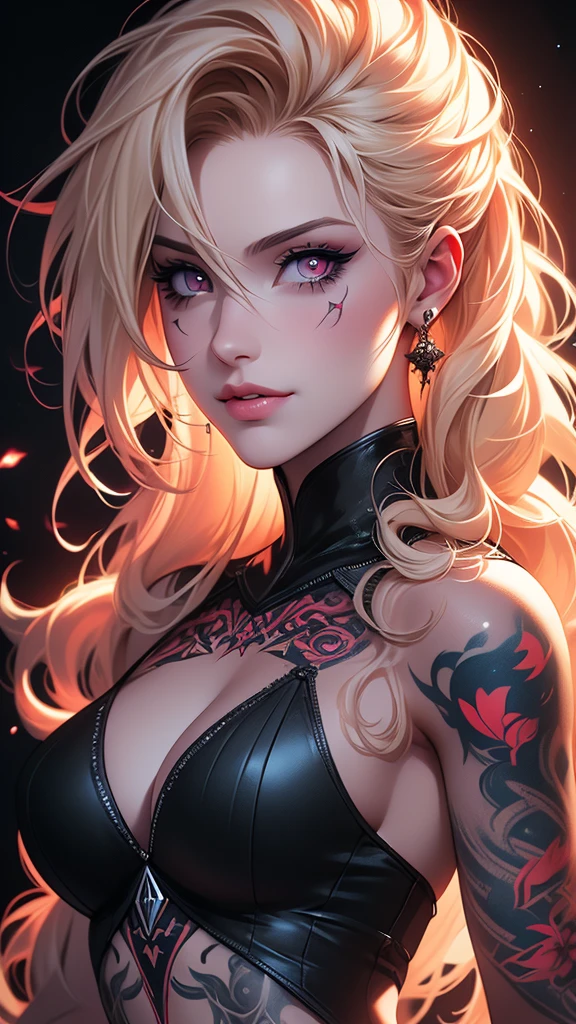 Ryan Ashley Malarkey, perfil portrait image of a woman with long light blond and black curly hair, red eyes, she wears social clothes and have a lot of ((tattoos on her body)). She is smiling like a villain, with a moon tattooed on her face, she is on a dark city scenery, symmetrical face, ((symmetric eyes)), high contrast, digital art trend on Artstation 8k HD high definition detailed realistic , hiper detalhado