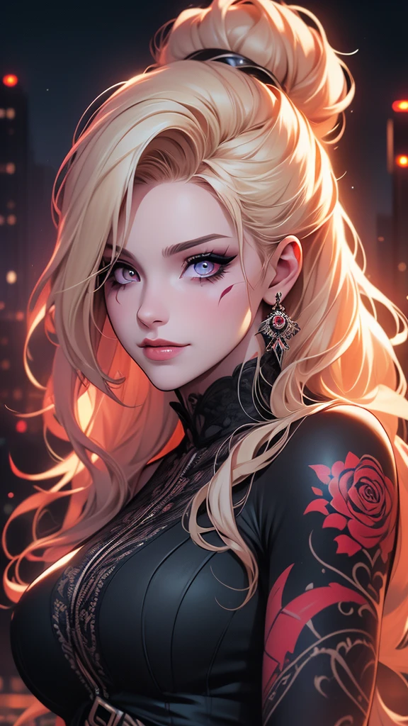 Ryan Ashley Malarkey, perfil portrait image of a woman with long light blond and black curly hair, red eyes, she wears social clothes and have a lot of ((tattoos on her body)). She is smiling like a villain, with a moon tattooed on her face, she is on a dark city scenery, symmetrical face, ((symmetric eyes)), high contrast, digital art trend on Artstation 8k HD high definition detailed realistic , hiper detalhado