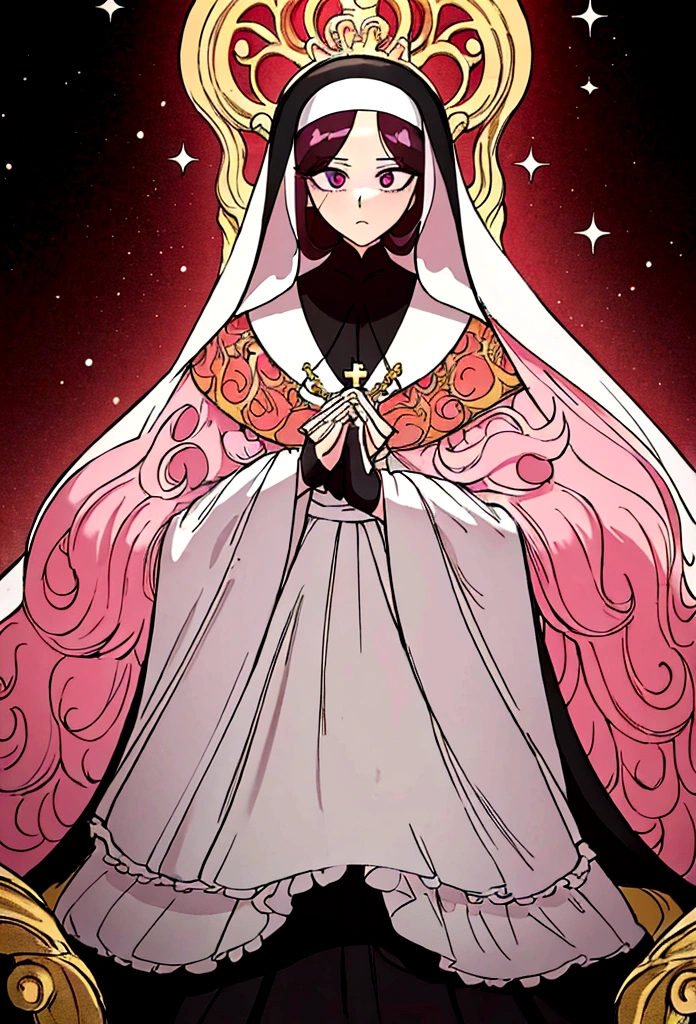 Create a 2D image in anime art style of a young white woman with long hair and bangs, a pastel pink cor. She is a nun (nun) with purple eyes, on a holy light background with light particles around. The character is praying with a serious and dejected expression. Dress her in royal and luxurious clothes, including a long ruffled skirt, cloak and hood. Use a color palette with lots of gold, highlighting the details of your outfit. The style must combine gothic elements, Romanian, baroque, Renaissance, rococo, Art Nouveau and Northern Renaissance. The scene must have a touch of dark fantasy and horror effects, with the character portrayed in an incredibly detailed way, delicate and dynamic,The work must be extremely luxurious and wonderful.