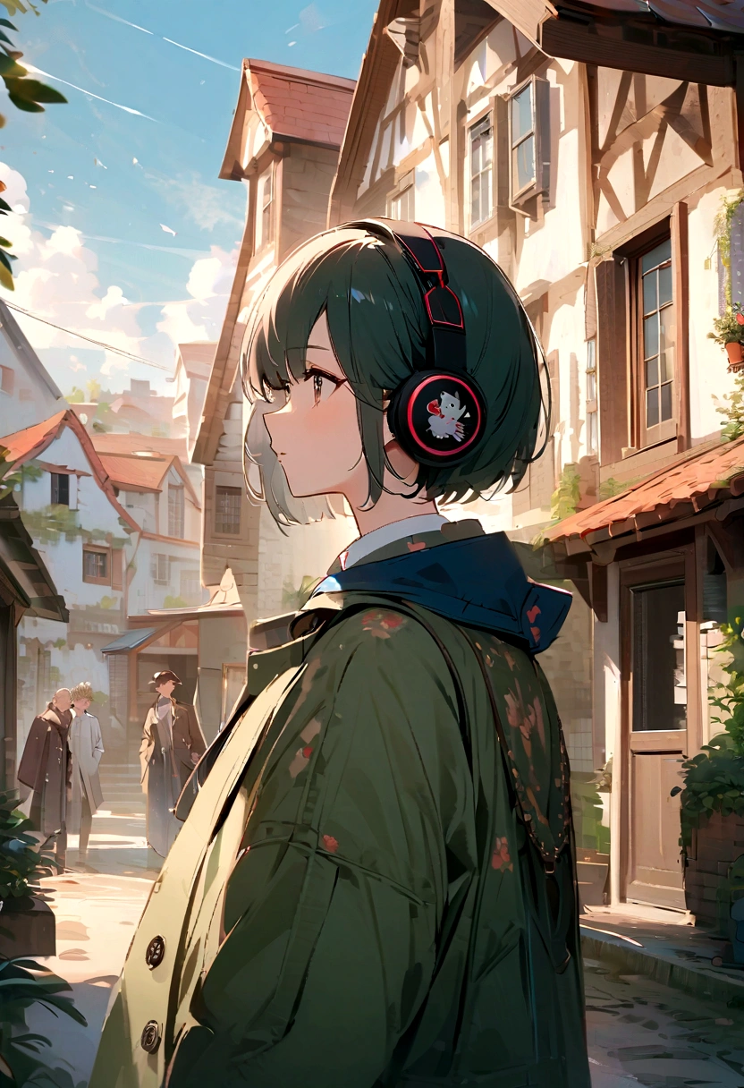 ((best qualityer)), ((work of art)), (detailded), 1 girl and a boy, romantic farmhouse, wearing tomboy clothes, Bela, wear modern clothes, stylish, profile pic, cute couple, FULL DETAILED, HD, full HD, intricate, beautiful, kitten headphones, wear a coat, series, looks at you, house in the background, ((intricate anime)) olhos detaildeds, calm and cute, cabeautiful curto e com presilhas