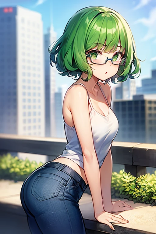 score_8_superior, score_7_superior, score_6_superior, score_5_superior, score_4_superior, Anime screenshots, View your viewers, superiorper body,
One girl, Tatsumaki, Green Hair, Green Eyes, short hair, Curly Hair, Thighs, View your viewers,
White tank top, jeans, Wear glasses on your head, 
Break Standing, View your viewers, city,