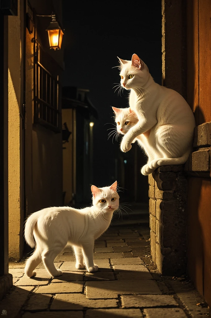 ((best quality)), ((masterpiece)), (detailed), The white cat looks into a dimly lit alley and spots a small orange kitten shivering.