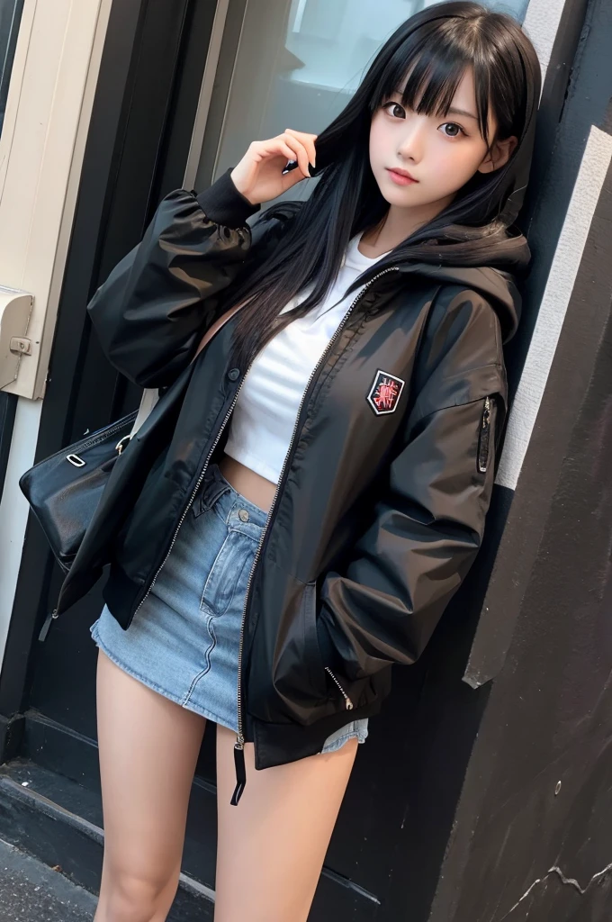 A girl with long black hair wearing a long black jacket with a hood Black mini skirt tall Slightly larger breasts With bangs Thin legs