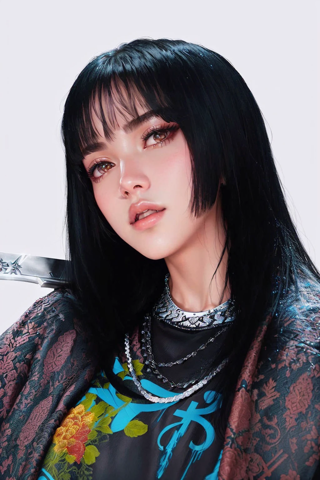 a close up of a woman with a sword in her hand, portrait of jossi of blackpink, blackpink jennie, jossi of blackpink, roseanne park of blackpink, she has black hair with bangs, lalisa manoban of blackpink, jisoo from blackpink, jisoo of blackpink, portrait jisoo blackpink, with full bangs, e-girl, e - girl, with bangs