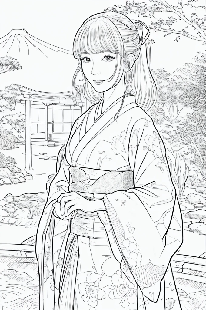 Please create a realistic ukiyo-e illustration of a cute, smiling woman in a kimono that conveys Japanese culture in various poses with (a Japanese garden in the background:1.5), using a simple black and white coloring book that even children can do. The illustration is a illustration with detailed facial features and cartoon-style visuals, (high contrast, sketch, monochrome, clean line drawings for coloring book:1.5)