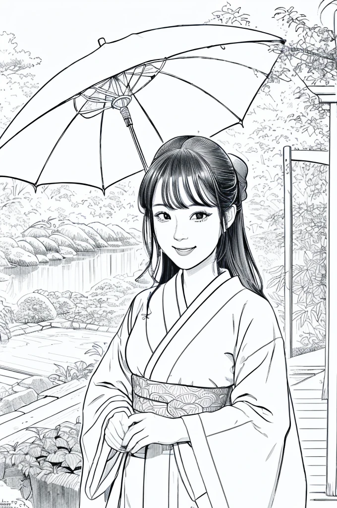 Please create a realistic ukiyo-e illustration of a cute, smiling woman in a kimono that conveys Japanese culture in various poses with (a Japanese garden in the background:1.5), using a simple black and white coloring book that even children can do. The illustration is a illustration with detailed facial features and cartoon-style visuals, (high contrast, sketch, monochrome, clean line drawings for coloring book:1.5)