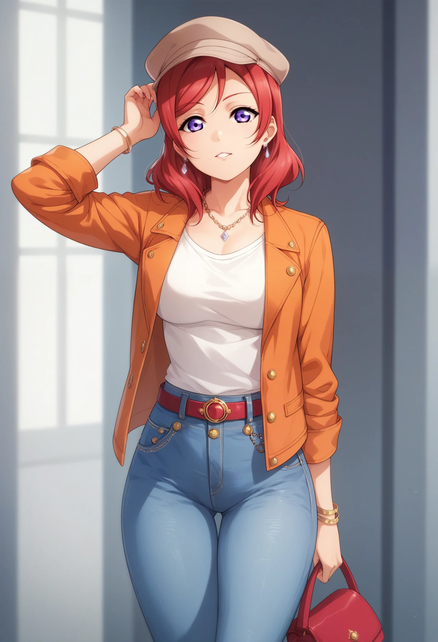 Masterpiece, best quality, love live style,solo , nishikino maki, red hair, purple eyes,hourglass body,busty,shirt, hat, jewelry, jacket, white_shirt, earrings, belt, pants, hand_up, necklace, bag, denim, jeans, handbag, orange_jacket, castlevania style