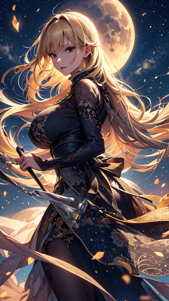 masterpiece, high quality, 4K, Beautiful design, silhouette,blonde, 非常に詳細な夜のStarry Sky,Flower Field, wonderful, Finer details, Very knowledgeable woman, Highly detailed solo, 1 female,Big Breasts,dress,Night view,Starry Sky,full moon,