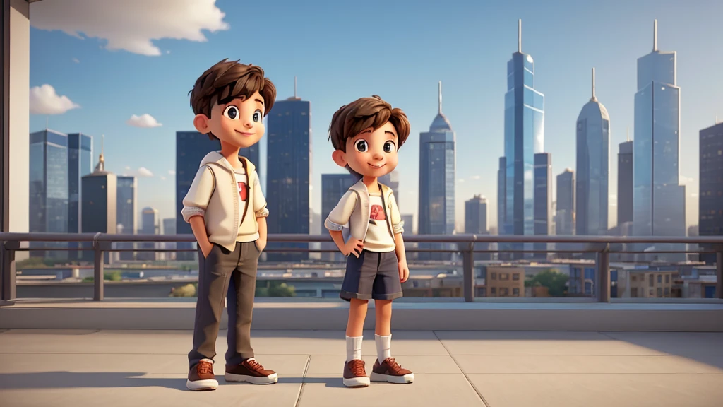 a young boy and girl in a modern city, 1boy, 1girl, standing together, happy, smiling, looking at camera, cityscape, skyscrapers, modern architecture, glass buildings, sunlight, warm lighting, realistic, photorealistic, photo-realistic:1.37, 8k, highly detailed, masterpiece:1.2, cinematic, dramatic, atmospheric