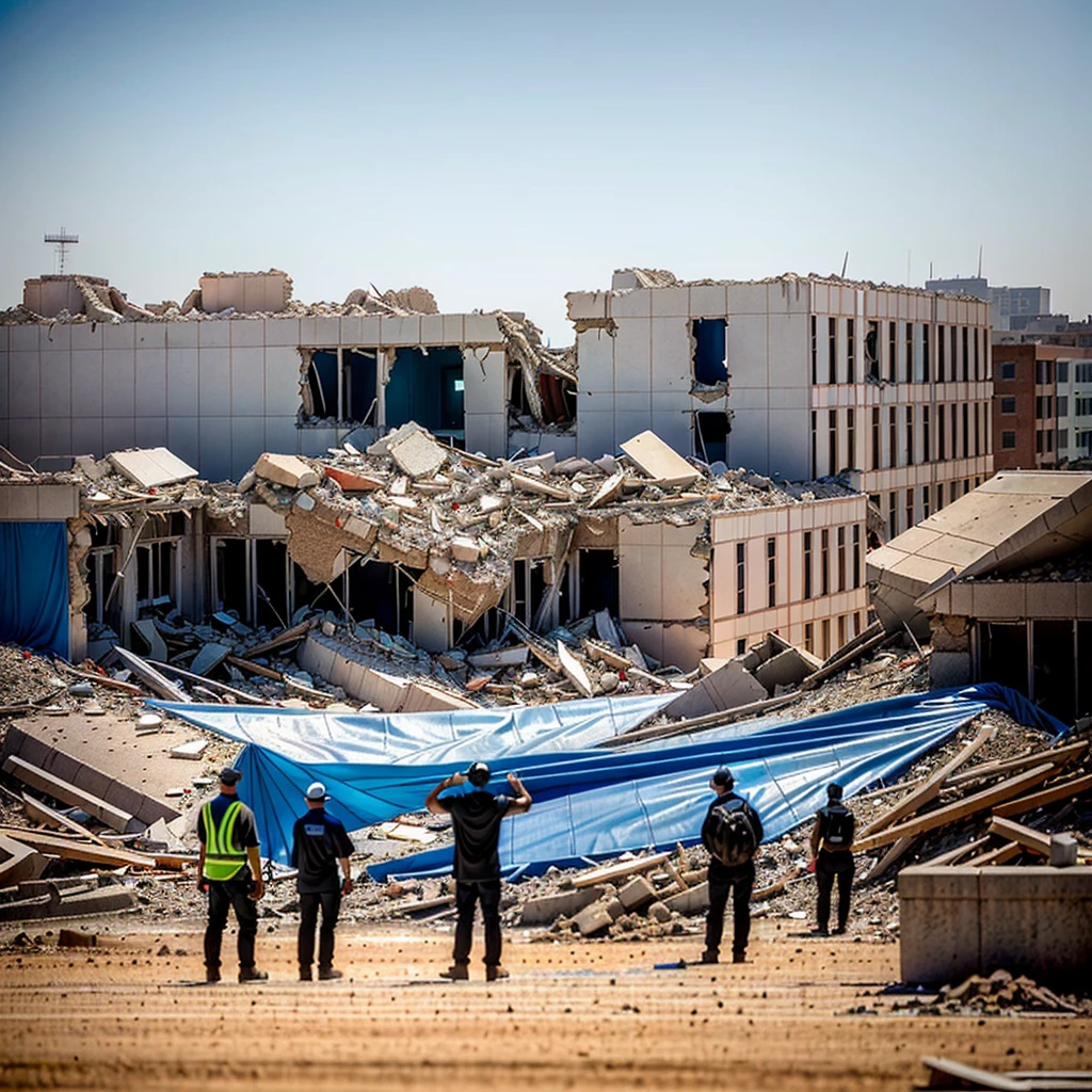 people standing in a dirt field with a blue tarp covering them, destroyed city in the background, in a ruined cityscape, demolition, ruined city in background, collapsed buildings, destroyed buildings, ruined city in the background, inspired by Zhang Kechun, destroyed modern buildings, building destroyed, outdoors ruined cityscape, cityscape ruins in the distance, standing atop a pile of rubble
