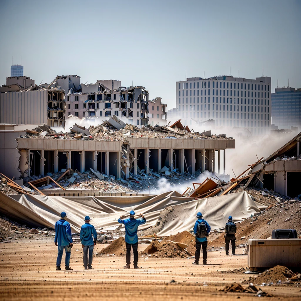 people standing in a dirt field with a blue tarp covering them, destroyed city in the background, in a ruined cityscape, demolition, ruined city in background, collapsed buildings, destroyed buildings, ruined city in the background, inspired by Zhang Kechun, destroyed modern buildings, building destroyed, outdoors ruined cityscape, cityscape ruins in the distance, standing atop a pile of rubble