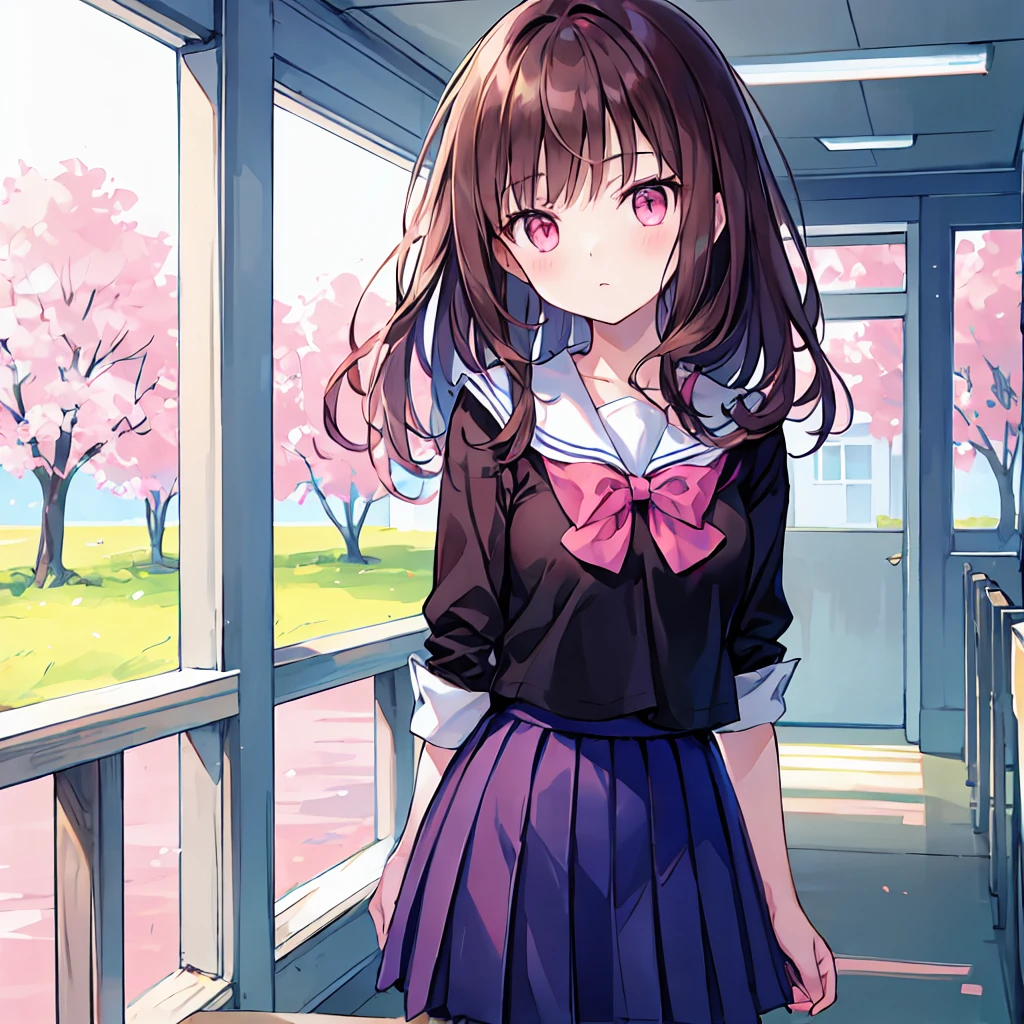 Dark brown hair color,Pale pink eyes,apricot pink school top,Navy Straight Skirt,Kind girl