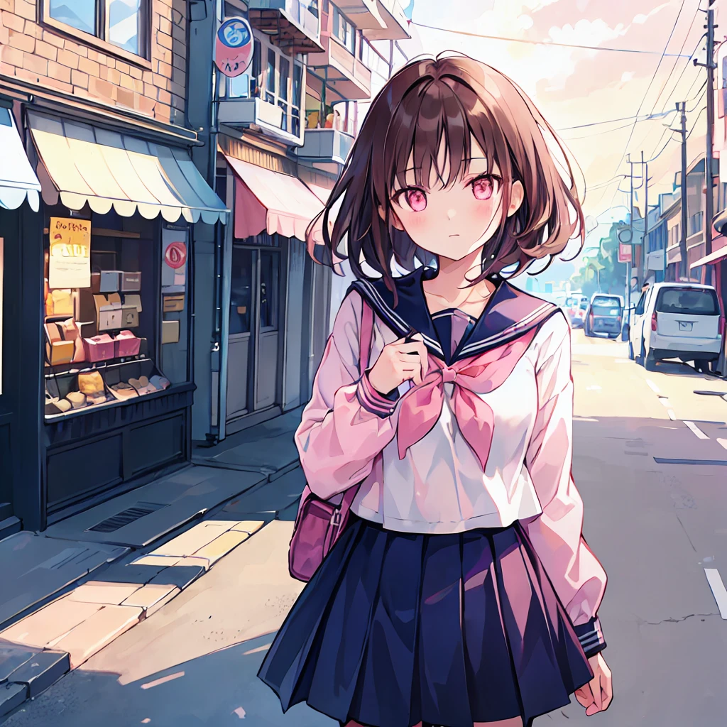 Dark brown hair color，Pale pink eyes，apricot pink school top，Navy Straight Skirt，Kind girl