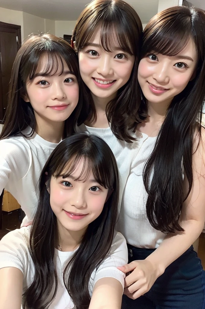 Japanese、8K、Ultra Detail、フォトReal、Realistic and accurate depiction、Realistic and accurate human anatomy、High resolution、Highest quality、Wife、Perfect cuteness、Random hairstyle、Real、Beauty、Idol、Gentle expression、No makeup、happinessそうな笑顔、masterpiece、refreshing、wife、35歳のwife、3--old ghter、Two-shot photo、happiness、2 people、Medium Hair、Inside a Western-style house、Coming to the camera、happinessそうな表情、A loving smile、happinessそうな親子、No makeup
