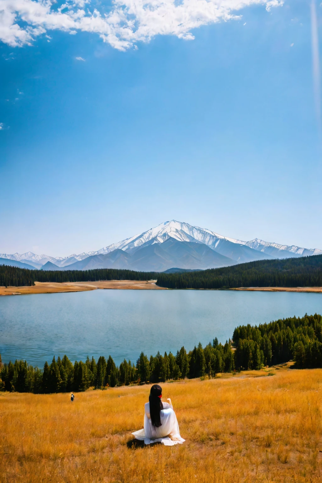 Draw a group of photographic works with Xinjiang scenery as the theme,Retro style fused with film,Aims to showcase Xinjiang’s magnificent scenery and ,In the photo,The majestic Tianshan Snow Mountain,The tranquility of Sayram Lake,And the vast grasslands,They all became the protagonists of the screen,In particular,Taking a as the subject,She is wearing a white skirt or standing on the top of the mountain,Or sit by the lake,Or with the flock,Conveys the natural beauty of Xinjiang and people's,Choose the back of the little girlject,Because she symbolizes innocence,Hope and endless possibilities,Her back shuttles through the screen,Set against the magnificent scenery of Xinjiang,Together they form the soul of this group of works.,,,The lighting angle is front light,Backlight,侧Backlight,Tyndall Light,Shooting scenery with panoramic view,Medium shot,Close shot,close-ups, etc,Realistic Photography,Realistic style,Nice lighting,Shooting angle:超Wide Angle,Wide Angle,Medium telephoto, etc.,Camera model Fuji xt4.