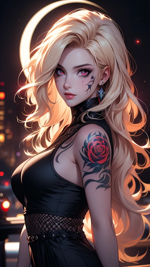 Ryan Ashley Malarkey, perfil portrait image of a woman with long light blond and black curly hair, red eyes, she wears social clothes and have a lot of ((tattoos on her body)). She is smiling like a villain, with a moon tattooed on her face, she is on a dark city scenery, symmetrical face, ((symmetric eyes)), high contrast, digital art trend on Artstation 8k HD high definition detailed realistic , hiper detalhado