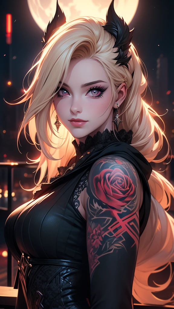 Ryan Ashley Malarkey, perfil portrait image of a woman with long light blond and black curly hair, red eyes, she wears social clothes and have a lot of ((tattoos on her body)). She is smiling like a villain, with a moon tattooed on her face, she is on a dark city scenery, symmetrical face, ((symmetric eyes)), high contrast, digital art trend on Artstation 8k HD high definition detailed realistic , hiper detalhado