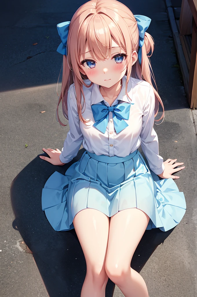 From above, (Squint your eyes:1.2), close, One Girl, blush, sit, nsfw,beautiful girl Wear a uniform, Light blue skirt, Long skirt, small bow, small bow, Anime movie