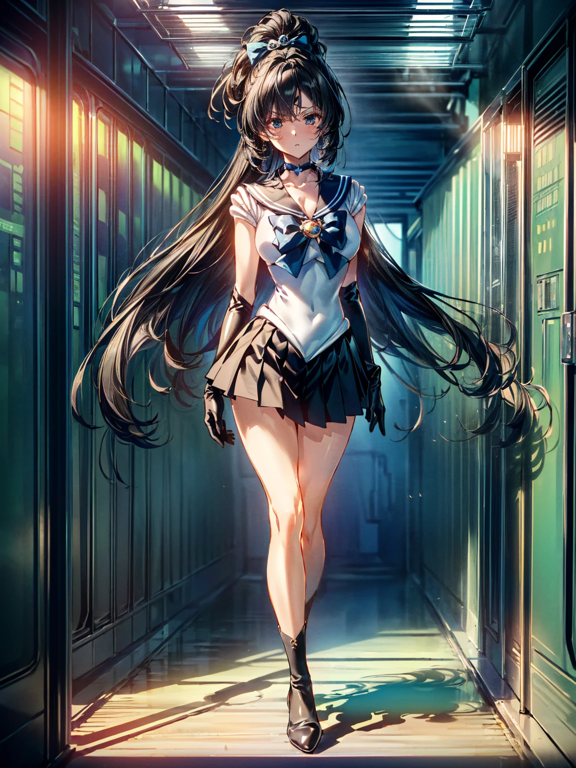 Perfect Anatomy,(8K, Highest quality, masterpiece:1.2),\(Beautiful Eyes\),\(Facial Features\),(\(Costume details Details\)\),(Big Lesbians , Super Skirt,Sailor Moon Costume,(Face Focus) ,Very detailedな CG Unity 8K 壁紙,Large file size,Very detailed,High resolution,Absurd,Beautiful Eyes,Ray Tracing,Dramatic Shadows,Down to the last detail,elevation,Hyper Detail,(alone),Anime Style、Very long straight hair、Black Hair、Black sailor collar、Black Absolute Short Mini Scarbow Gloves、(In the research facility:1.4),(full body:1.5)