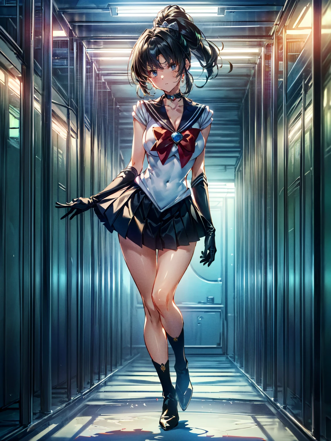 Perfect Anatomy,(8K, Highest quality, masterpiece:1.2),\(Beautiful Eyes\),\(Facial Features\),(\(Costume details Details\)\),(Big Lesbians , Super Skirt,Sailor Moon Costume,(Face Focus) ,Very detailedな CG Unity 8K 壁紙,Large file size,Very detailed,High resolution,Absurd,Beautiful Eyes,Ray Tracing,Dramatic Shadows,Down to the last detail,elevation,Hyper Detail,(alone),Anime Style、Very long straight hair、Black Hair、Black sailor collar、Black Absolute Short Mini Scarbow Gloves、(In the research facility:1.4),(full body:1.5)