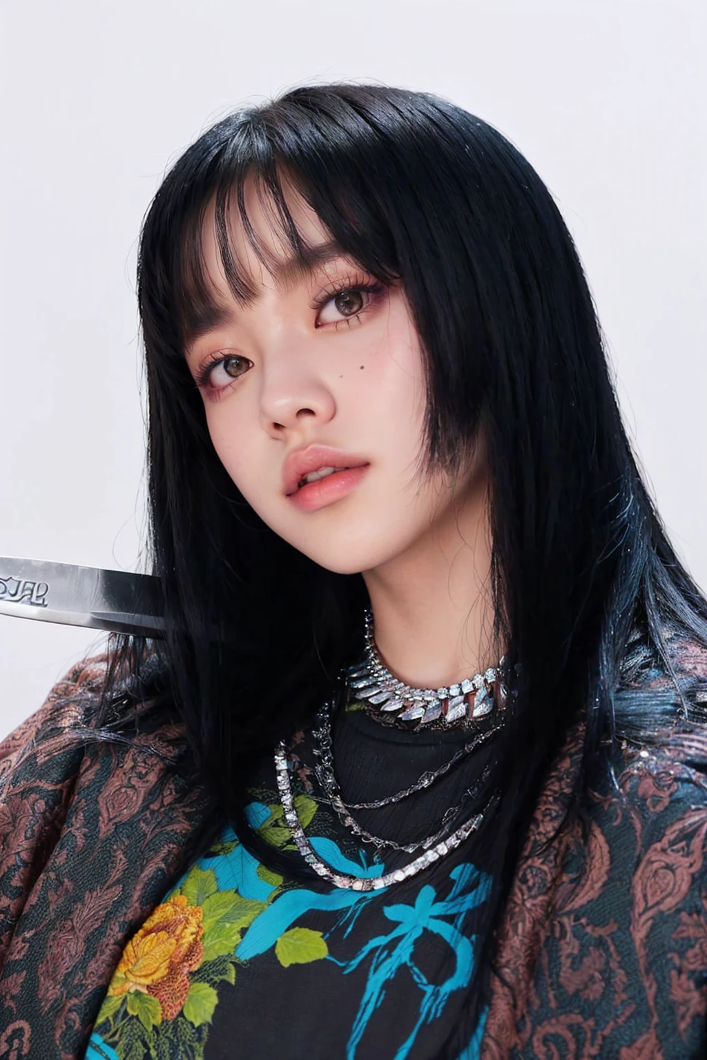 a close up of a woman with a knife in her hand, portrait of jossi of blackpink, blackpink jennie, jossi of blackpink, roseanne park of blackpink, lalisa manoban of blackpink, jisoo of blackpink, jisoo from blackpink, portrait jisoo blackpink, she has black hair with bangs, lalisa manobal, gongbi