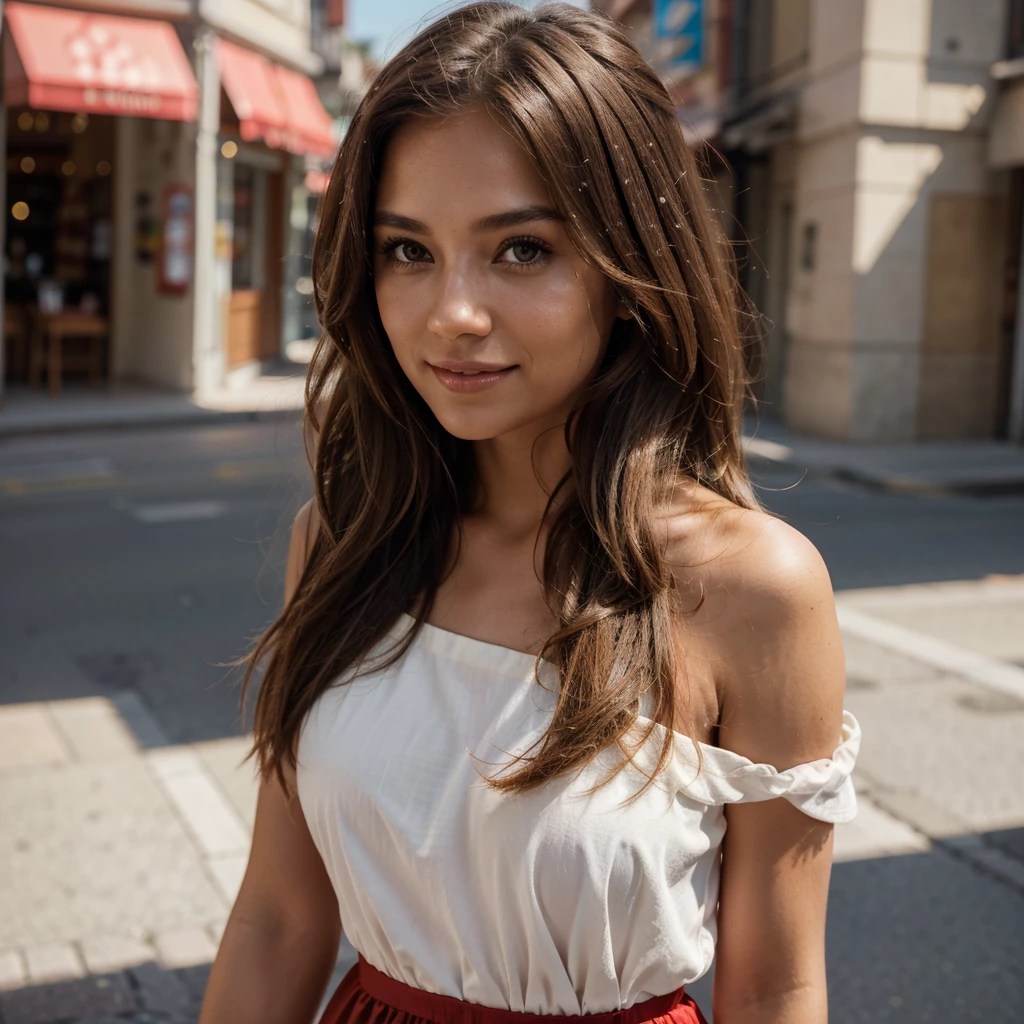 Generate an image of a beautiful woman, light brown skin, shoulder-length brown wavy hair. She is walking down a street in Canada. She is wearing a light, red dress. High quality image, ultra hd 4k. wince, longeyelashes, solid circle eyes, light smile, ccurate, brown hair, medium hair, wavy hair, hair over shoulder, drop shadow, 8k, super detail, best quality