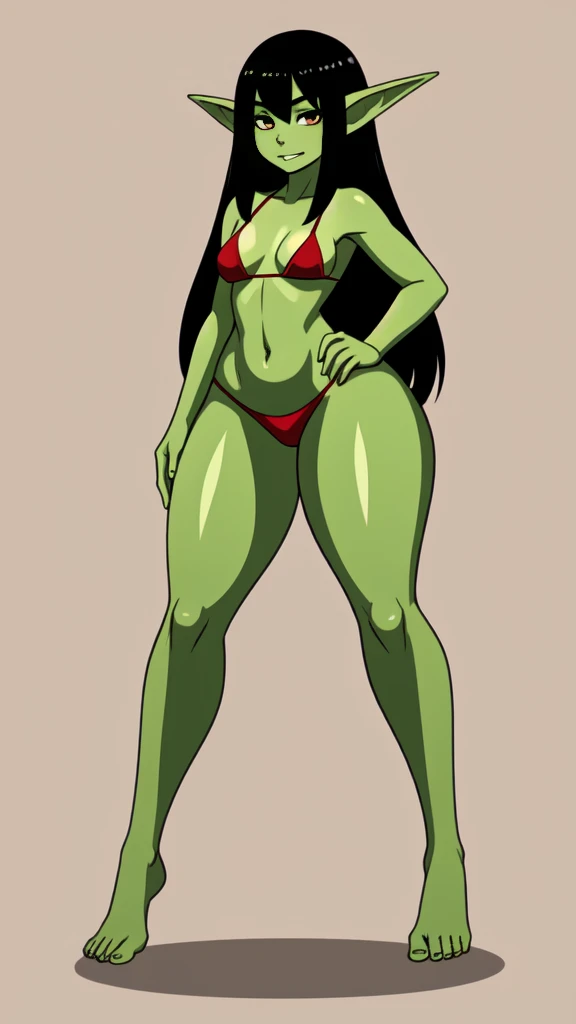 1 girl, small, goblin girl, female goblin, goblin, (green skin), ((large ears)), full body, (((long black hair))), ((small chest)), ((wide hips, thick thighlat )), Mature looking, ((full body))), by front, (((red bikini))), sexy
