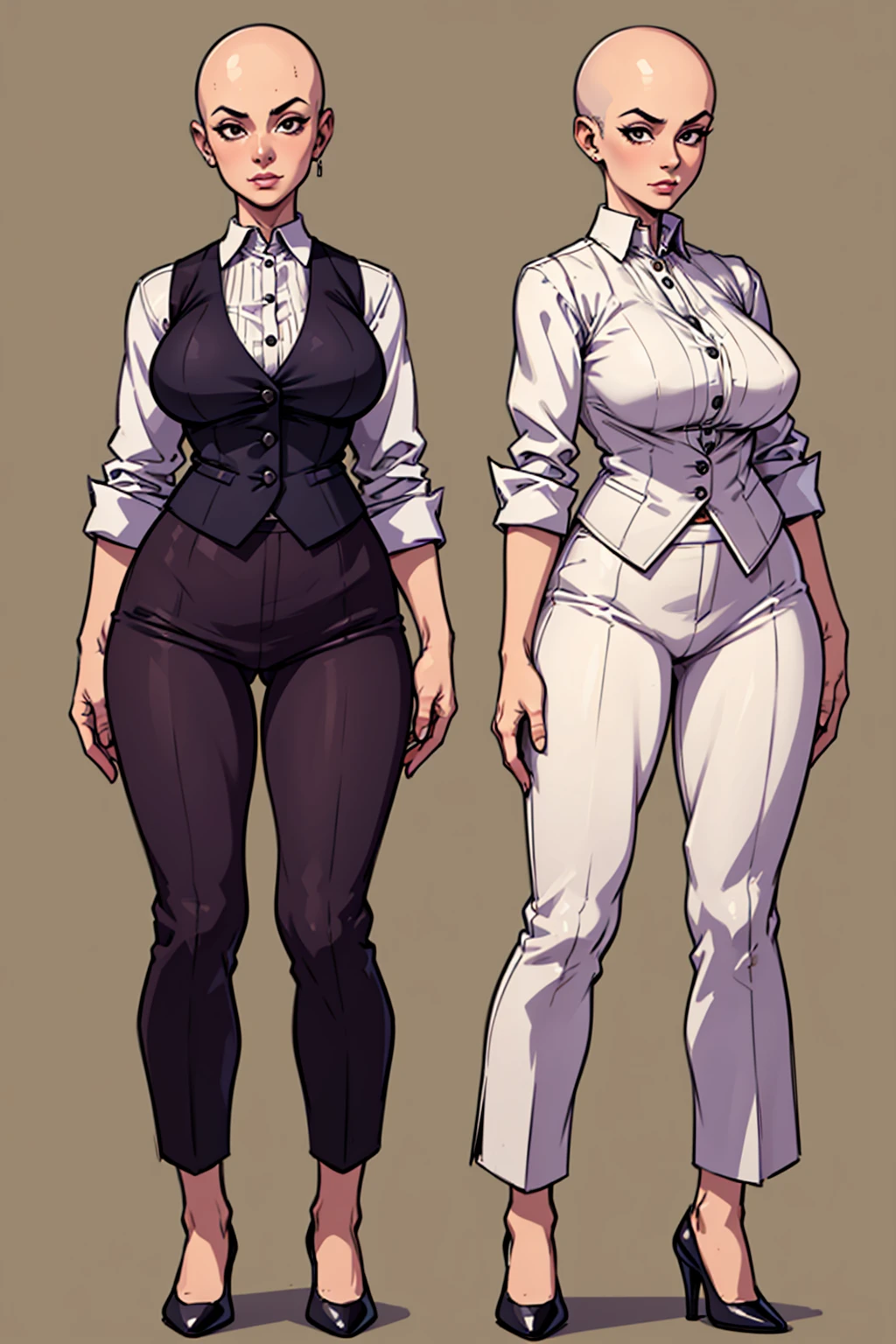 digital art, highly detailed, reference sheet, standing pose, feminine features, mature woman, adult female, whole body, bald, form-fitting, open neckline, vest, office shirt, pants, heeled shoes, 1woman, solo, upper body, lower body, ((Extremely Detailed)), ((Best Quality)), ((Masterpiece)), ((4k))
