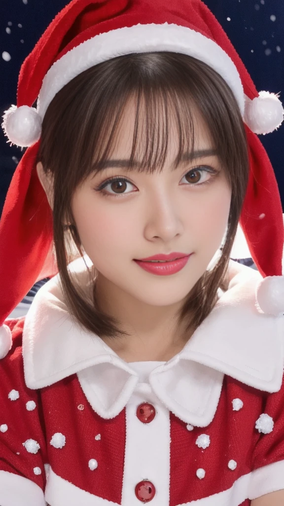1girl, (santa claus costume slim fit:1.75), symmetry,(Cute ultra young girl:2.0),(ultra short hair:1.75), ultra big smile, (Beautiful large round droped detailed eyes:1.75), beautiful detailed lips, (extremely detailed beautiful face, natural makeup, Incredibly beautiful skin:2.0), (best quality,4k,8k,highres,masterpiece:2.0),(ultra-detailed,realistic,photorealistic,photo-realistic:1.75),professional,vivid colors,studio lighting on her face, (snowing night town,christmas eve:1.25)