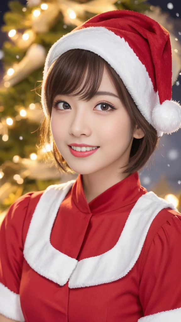 1girl, (santa claus costume slim fit:1.75), symmetry,(Cute ultra young girl:2.0),(ultra short hair:1.75), ultra big smile, (Beautiful large round droped detailed eyes:1.75), beautiful detailed lips, (extremely detailed beautiful face, natural makeup, Incredibly beautiful skin:2.0), (best quality,4k,8k,highres,masterpiece:2.0),(ultra-detailed,realistic,photorealistic,photo-realistic:1.75),professional,vivid colors,studio lighting on her face, (snowing night town,christmas eve:1.25)