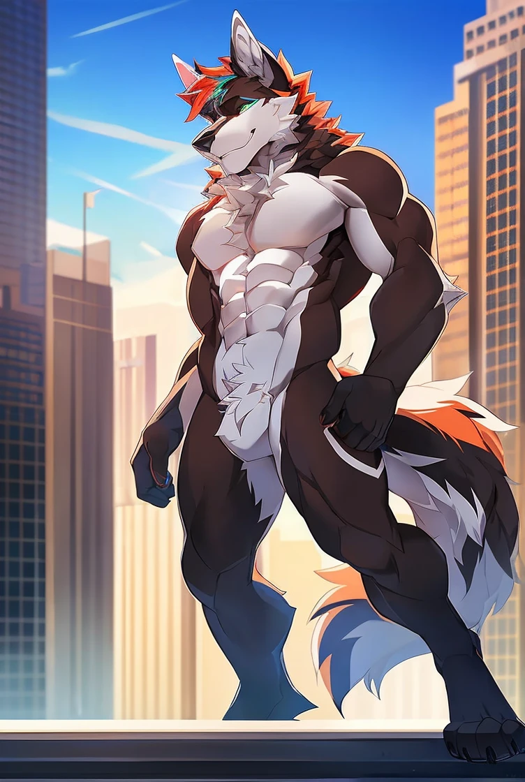 ((Solo)), male people, anthro wolf, (Multi-colored fur, White tail pointed), (Height 3meters,Tail length 2meters), Abs, pinginuscular, A long big tail, by patto, modern city