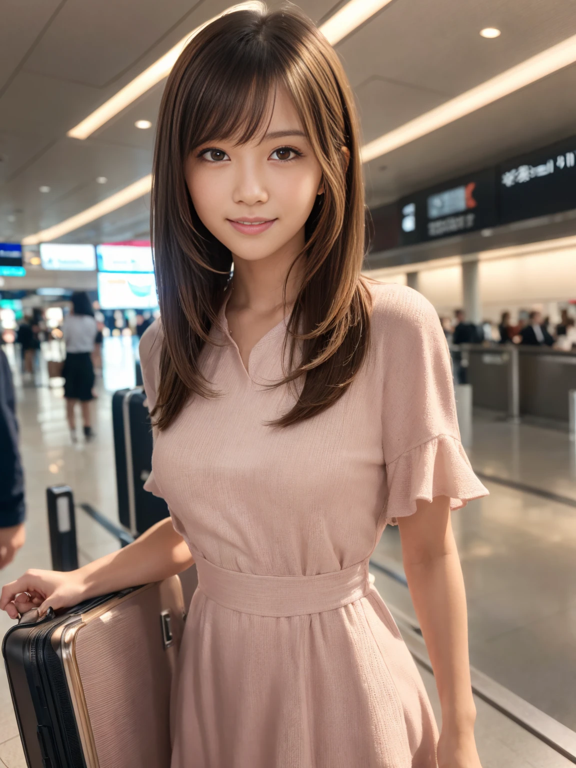 Product quality, One girl per photo, Cowboy Shot, Front view, Young and cute girl in Japan, Long Bob Hair, Wearing a wedding ring, She is wearing a short-sleeved light pink dress, Smiling and standing in a busy London airport, Shoulder bag, suitcase, Super cute face, Glossy Lips, Double eyelids on both eyes, Natural Makeup, shiny smooth light brown hair of Long Bob Hair, Asymmetrical bangs, Sunburned skin, Center image, 8K resolution, High detail, Detailed hairstyle, Detailed face, Cinema Lighting, Octane Rendering, Ultra-realistic, Perfect limbs, Perfect Anatomy