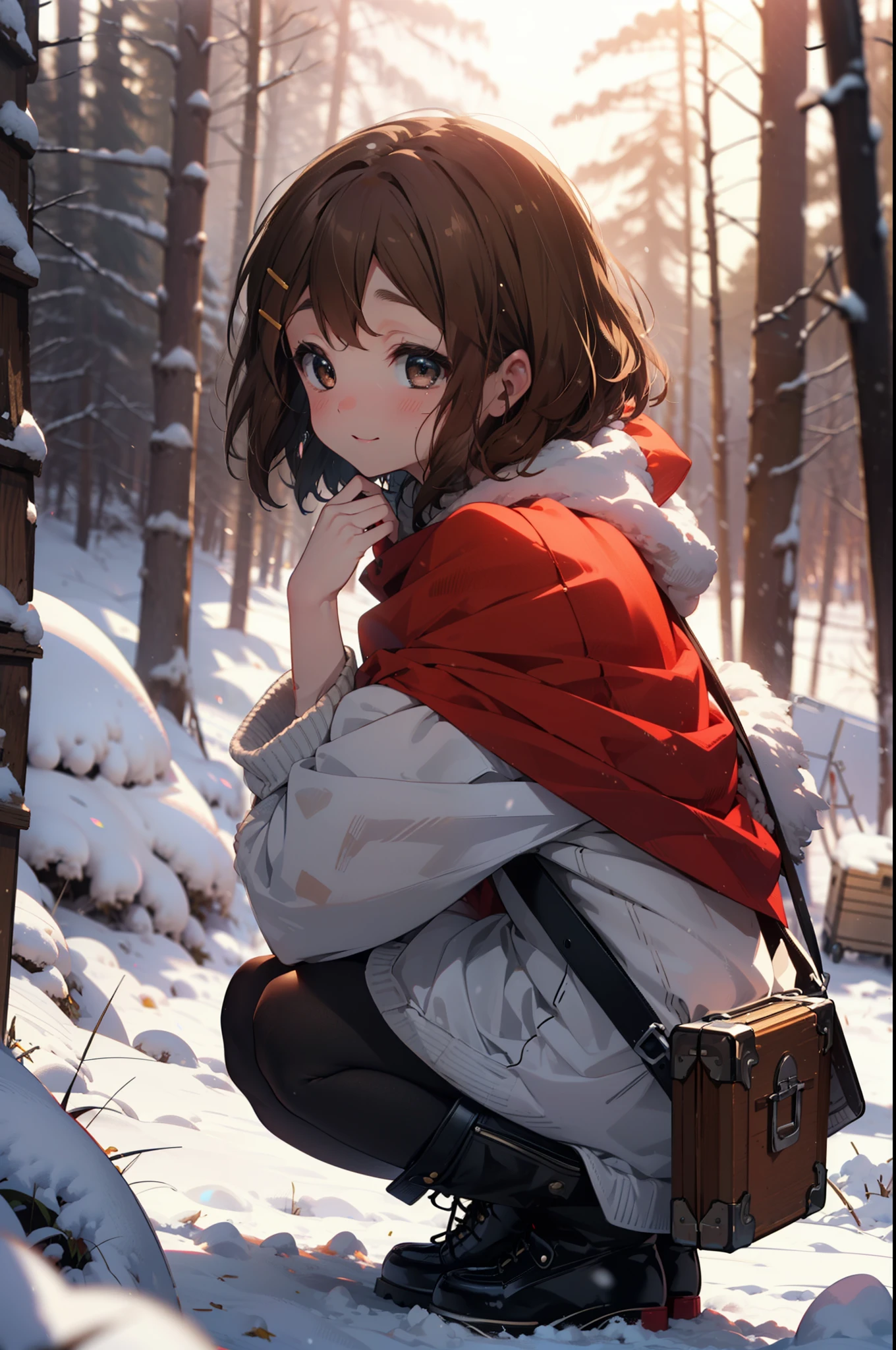 yuihirasawa, Yui Hirasawa, short hair, Brown Hair, hair ornaments, (Brown eyes:1.5), Hair Clip、smile,smile,blush,White Breath,
Open your mouth,snow,Ground bonfire,, Outdoor, boots, snowing, From the side, wood, suitcase, Cape, Blurred, , forest, White handbag, nature, Squat, Mouth closed, Cape, winter, Written boundary depth, Black shoes, red Cape break looking at viewer, Upper Body, whole body, break Outdoor, forest, nature, break (masterpiece:1.2), Highest quality, High resolution, unity 8k wallpaper, (shape:0.8), (Beautiful and beautiful eyes:1.6), Highly detailed face, Perfect lighting, Highly detailed CG, (Perfect hands, Perfect Anatomy),