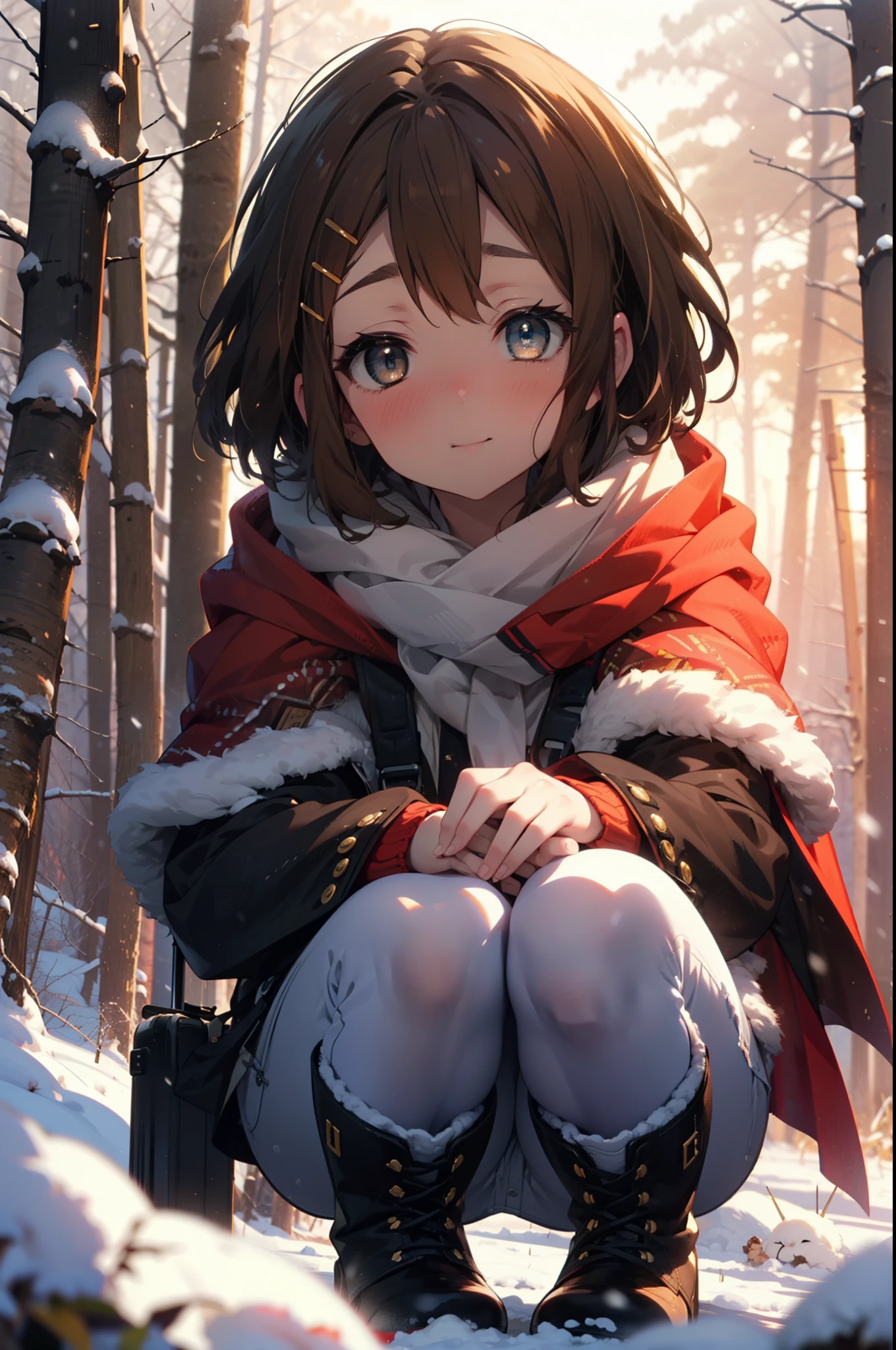 yuihirasawa, Yui Hirasawa, short hair, Brown Hair, hair ornaments, (Brown eyes:1.5), Hair Clip、smile,smile,blush,White Breath,
Open your mouth,snow,Ground bonfire,, Outdoor, boots, snowing, From the side, wood, suitcase, Cape, Blurred, , forest, White handbag, nature, Squat, Mouth closed, Cape, winter, Written boundary depth, Black shoes, red Cape break looking at viewer, Upper Body, whole body, break Outdoor, forest, nature, break (masterpiece:1.2), Highest quality, High resolution, unity 8k wallpaper, (shape:0.8), (Beautiful and beautiful eyes:1.6), Highly detailed face, Perfect lighting, Highly detailed CG, (Perfect hands, Perfect Anatomy),