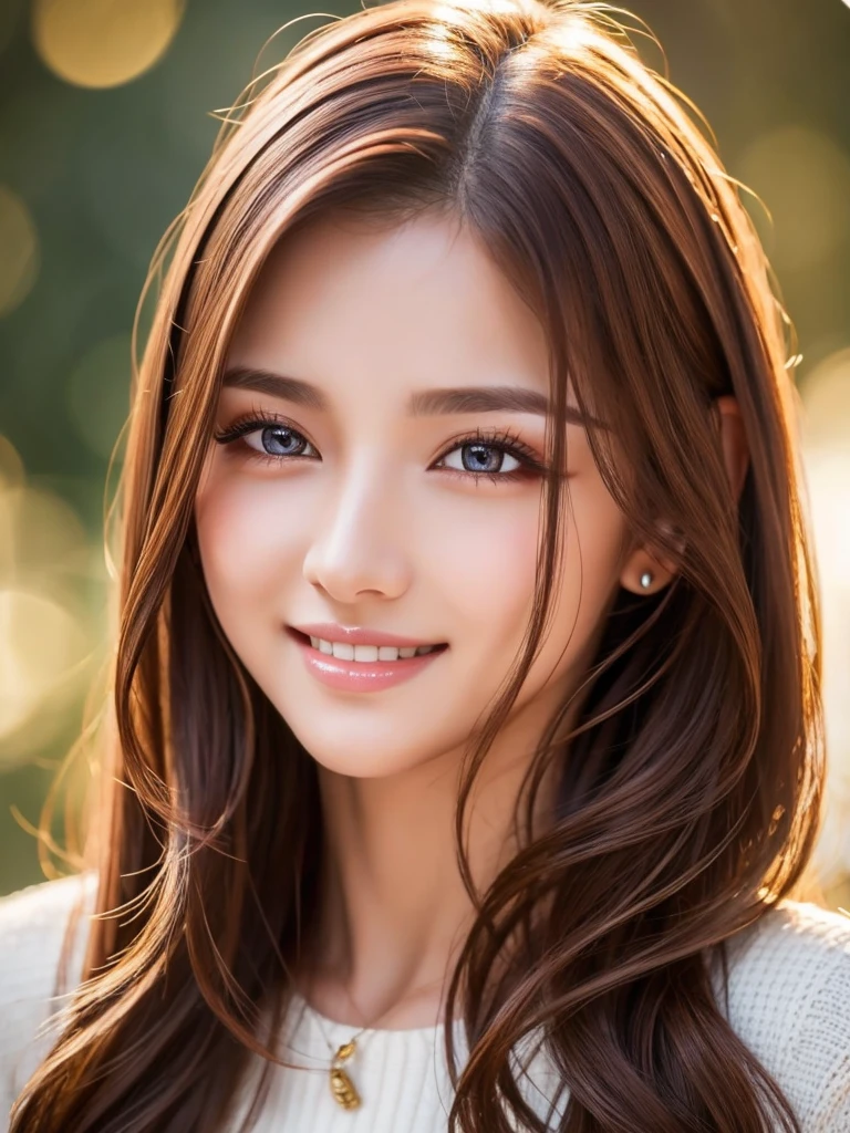 Beautiful woman、Narrow waist、Perfect figure、Beautiful eyes、Long eyelashes、Lustrous lips、Perfect body、Beautiful Skin、high resolution、A cinematic scene、Beautiful smile、Fashion Model、Long chestnut hair、Attractive clothing、Beautiful ornaments