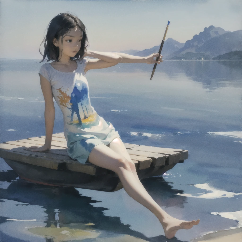 Tranquil voyager girl, Surrealism, Paint in watercolor style, Photorealism, barefoot