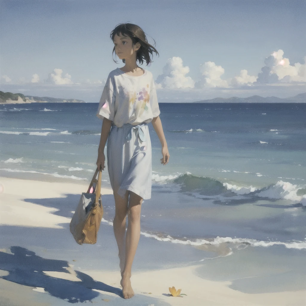 Tranquil voyager girl, Surrealism, Paint in watercolor style, Photorealism, barefoot