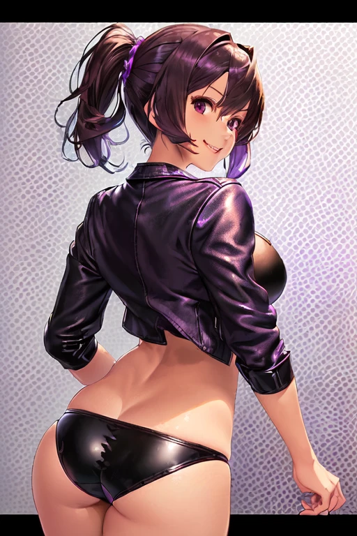 ((tanned adult woman), short purple hair, Eyes red, purple top, leather jacket, (black leather panties), Scrawny, nice smile, (back looking at the camera) open tummy, Breasts Open, black lipstick, Masterpiece artwork, high qualiy, Solar rear lighting))