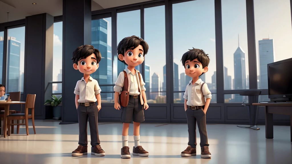a young boy and girl in a modern city, 1boy, 1girl, standing together, happy, smiling, black hair, looking at camera, cityscape, skyscrapers, modern architecture, glass buildings, sunlight, warm lighting, realistic, photorealistic, photo-realistic:1.37, 8k, highly detailed, masterpiece:1.2, cinematic, dramatic, atmospheric