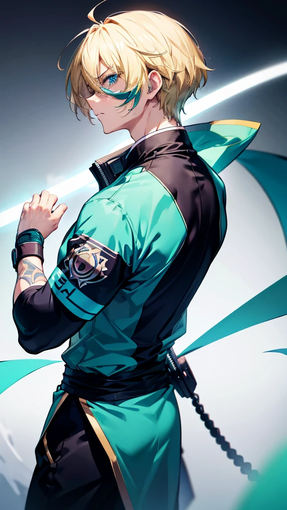 profile background, anime boy, serious face, blond hair, cyan eyes, martial arts clothing, high-res portrait, detailed eyes and face, character, fantasy, advanced urban, looking from behind at viewer, 4K, high resolution